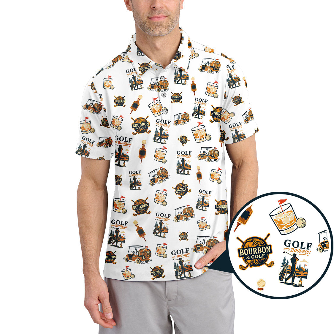 Funny Bourbon Pattern Polos, Golf and Bourbon Shirt for Men, Gift For Golfers