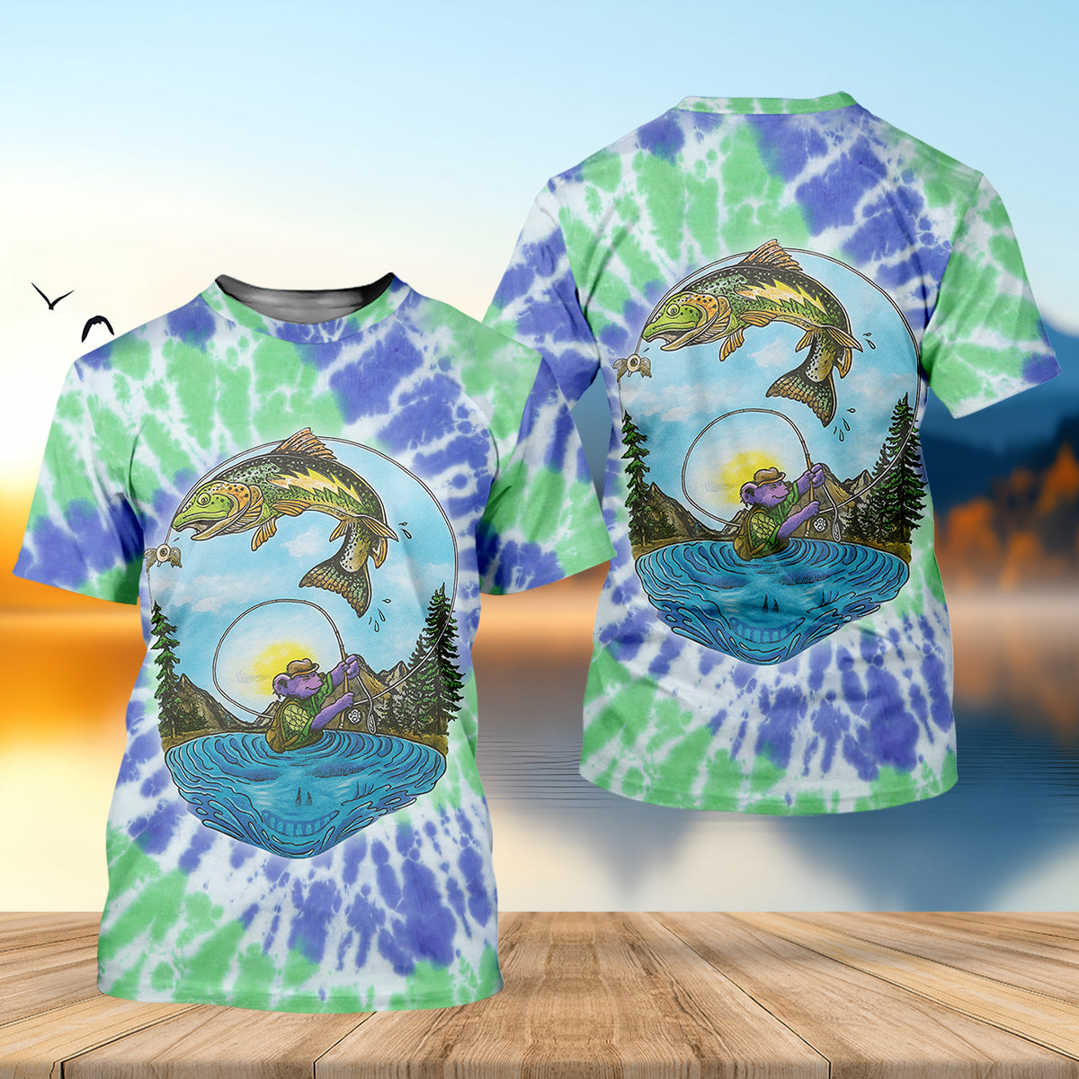 Bear Fishing Green And Purple Cool Tie Dye Patterns Fishing UPF Shirts, Fishing Gifts For Men, Men's Fishing Shirt
