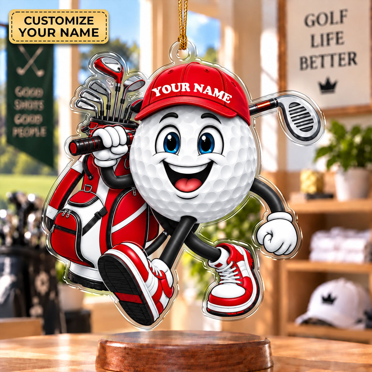 Custom Name Golf Ball And Club Acrylic Ornament, Golf Gifts, Christmas Decorations