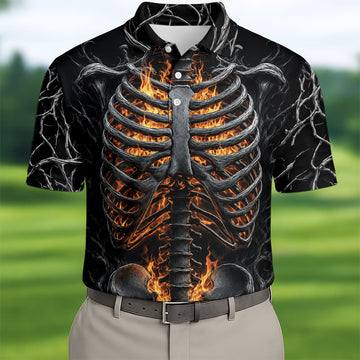 Halloween Fire Skeleton Horror Character Polo Shirt, Mens Golf Polo, Mens Golf Shirts