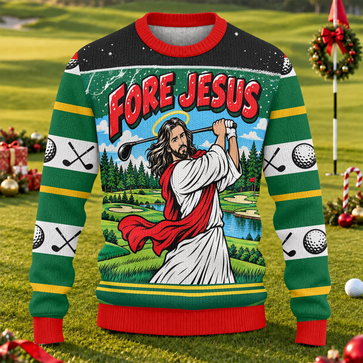 Fore Jesus Golf Swing Ugly Christmas Sweater, Funny Xmas Gift, Christmas Party Outfit