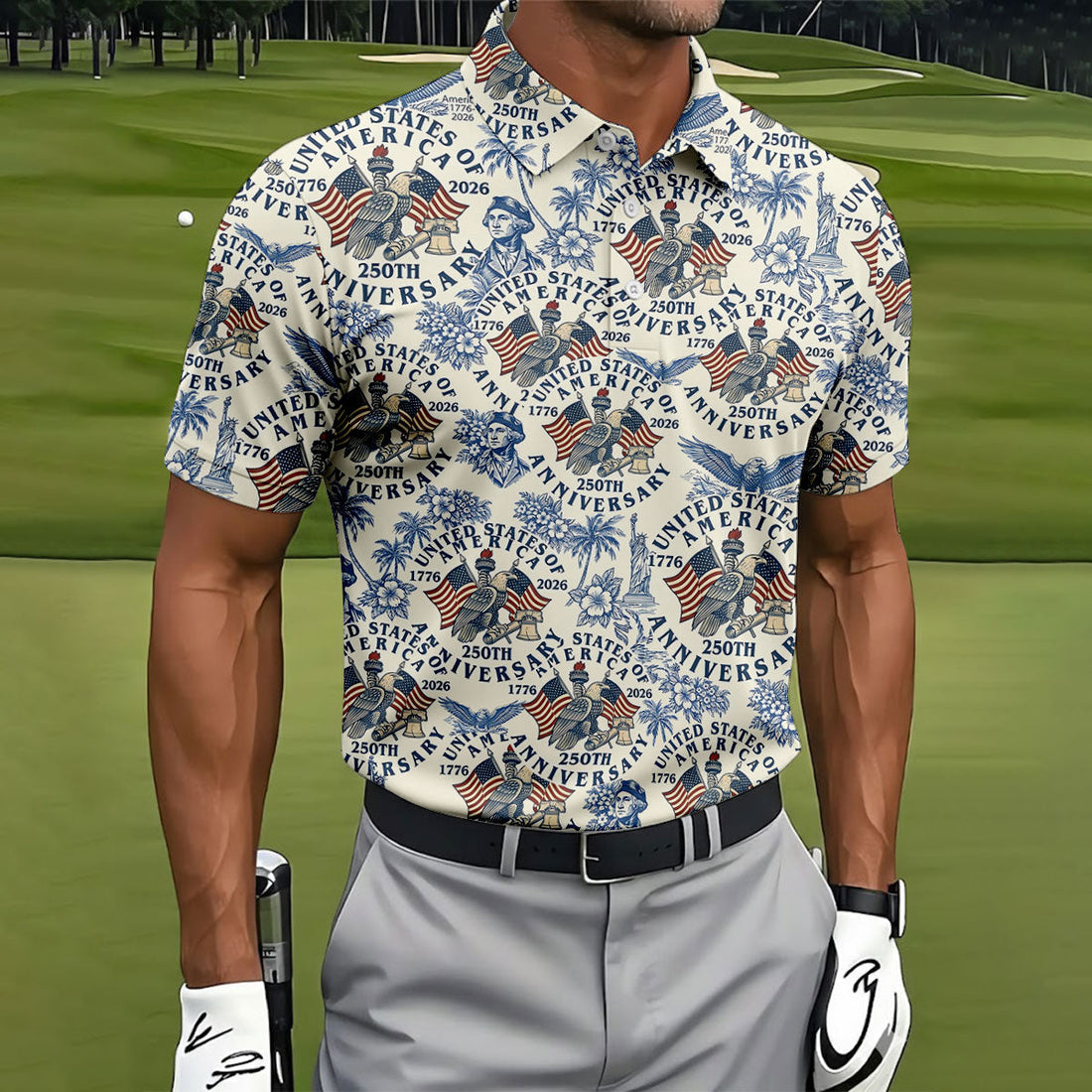 USA 250th Anniversary Toile De Jouy Hawaiian Golf Shirt, Patriotic 4th Of July Golf Shirts For Men