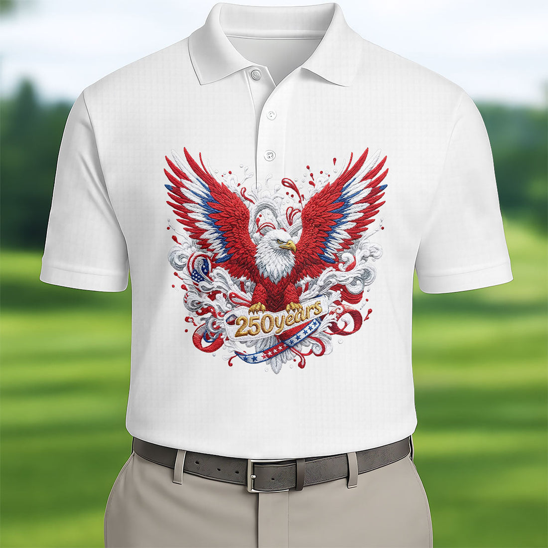 US Bald Eagle Embroidery Effect Patriotic Golf Shirt, 4th Of July Golf Shirt, 250th Anniversary Polo ShirtFor Men