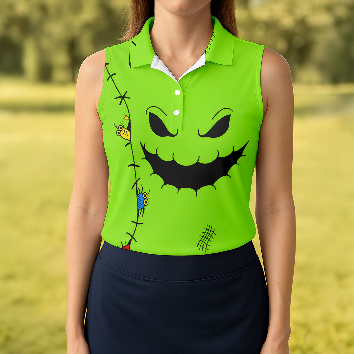 Halloween Monster Face Sleeveless Golf Polo Shirt, Women's Golf Tops, Golf Tops For Women
