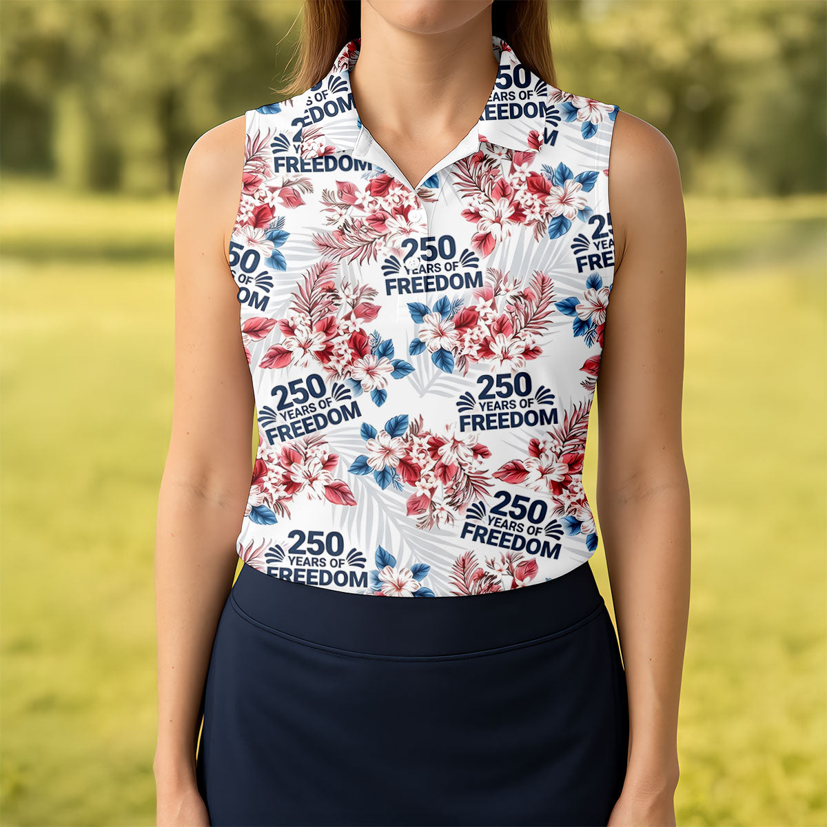 250 Years Of Freedom Tropical Vibe Retro Golf Shirt, Ladies Golf Tops, 4th Of July Golf Shirt For Women
