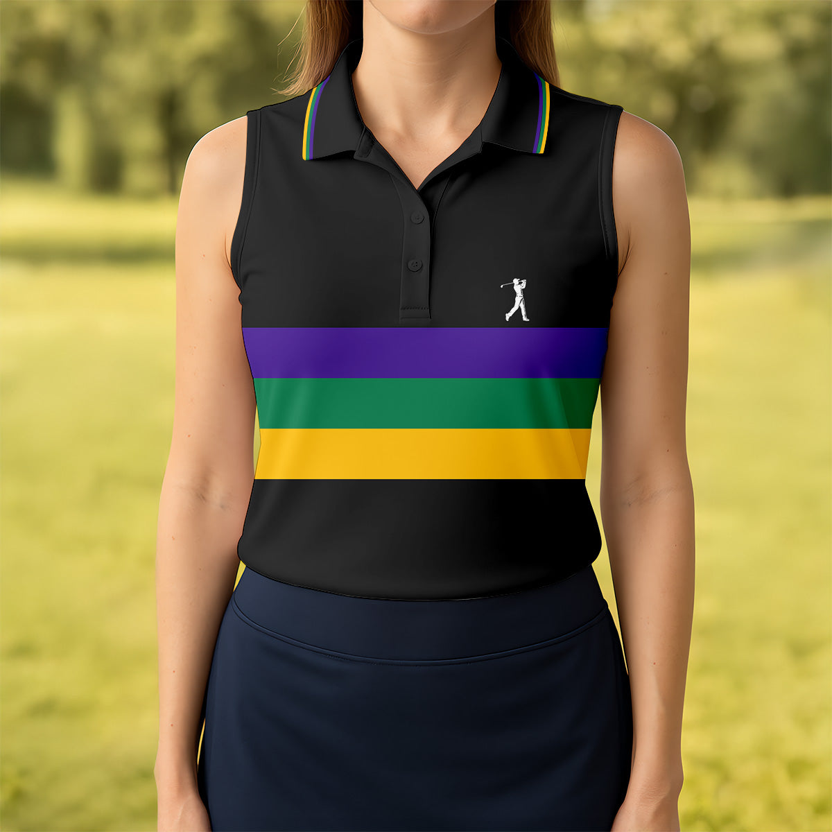 Mardi Gras Purple Green Gold Horizontal Stripes Black Golf Shirt, Women's Golf Shirts, Ladies Golf Polos