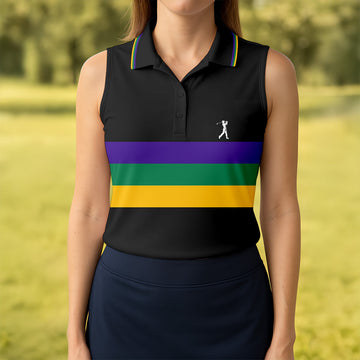 Mardi Gras Purple Green Gold Horizontal Stripes Black Golf Shirt, Women's Golf Shirts, Ladies Golf Polos