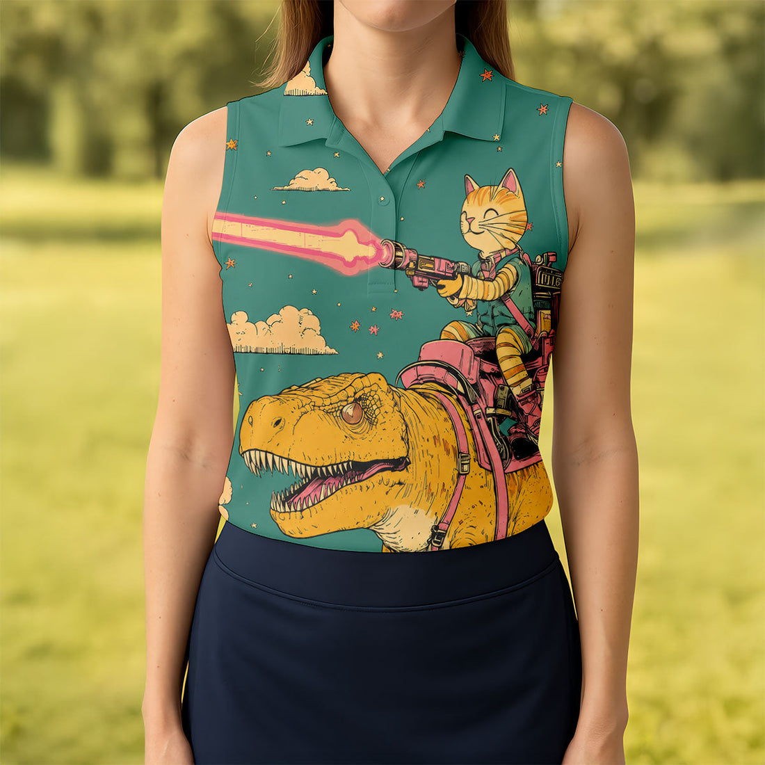 Laser Cat Dinosaur Golf Shirt, Retro Sci Fi T Rex Adventure Pattern, Golf Shirt For Women