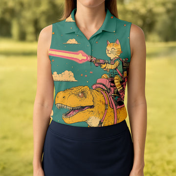 Laser Cat Dinosaur Golf Shirt, Retro Sci Fi T Rex Adventure Pattern, Golf Shirt For Women