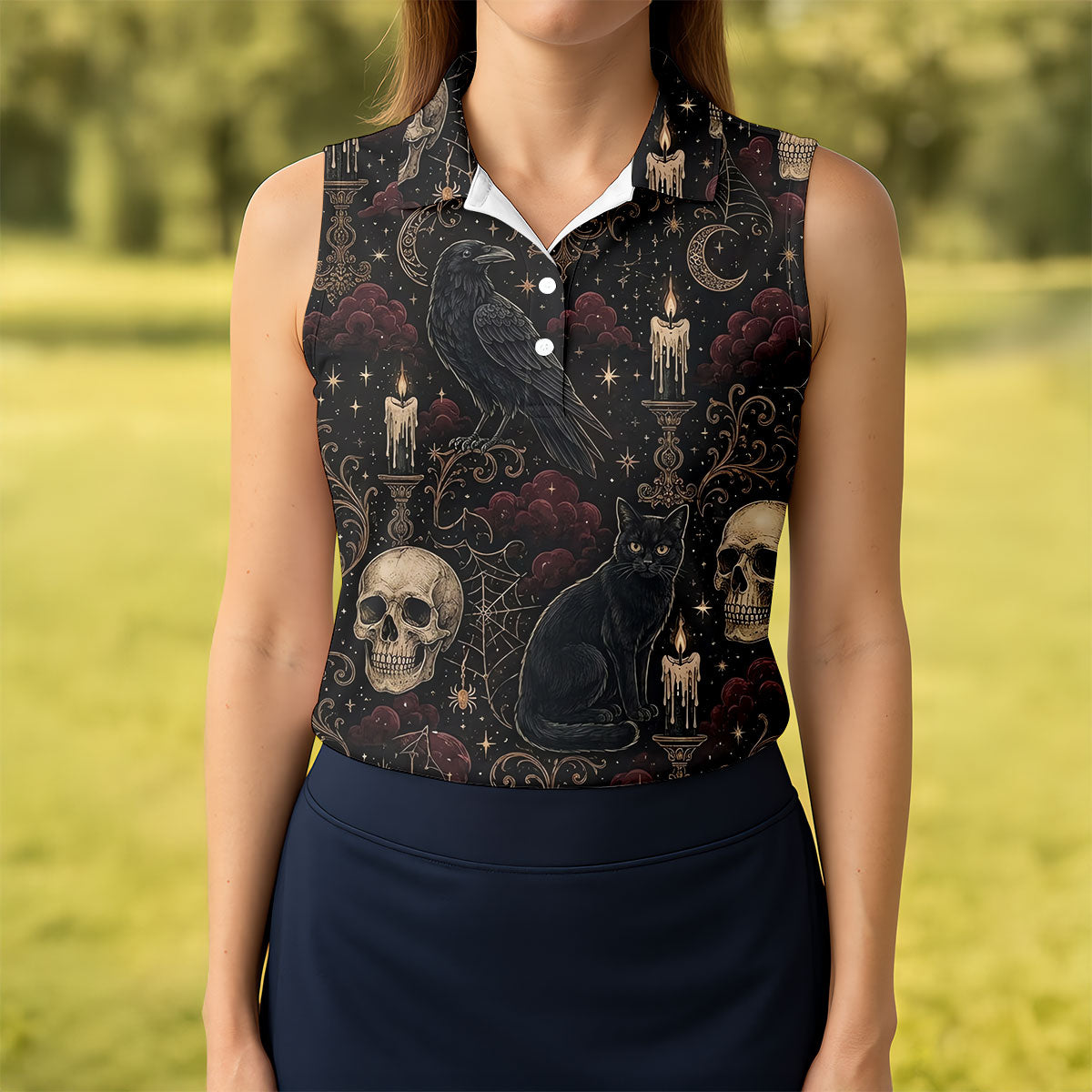 Gothic Raven Black Cat Skull Halloween Polo Shirt, Golf Polo For Women, Ladies Golf Shirts
