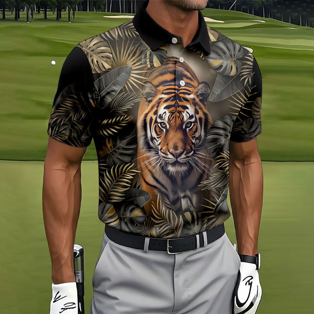Majestic Tiger Tropical Golf Polo Shirt, Men's Golf Shirt, Golf Polo Shirts For Men