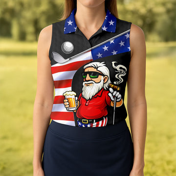 Golf And Beer Patriotic Man Golf Ball Pattern 4th Of July Black Golf Shirt, 250th Anniversary Women's Golf Tops