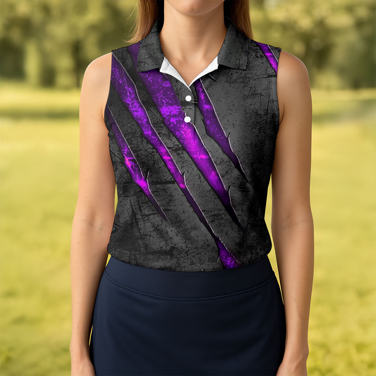 Purple Claw Marks Hawaiian Golf Shirt, Scratch Print Women's Golf Tops, Ladies Golf Shirts