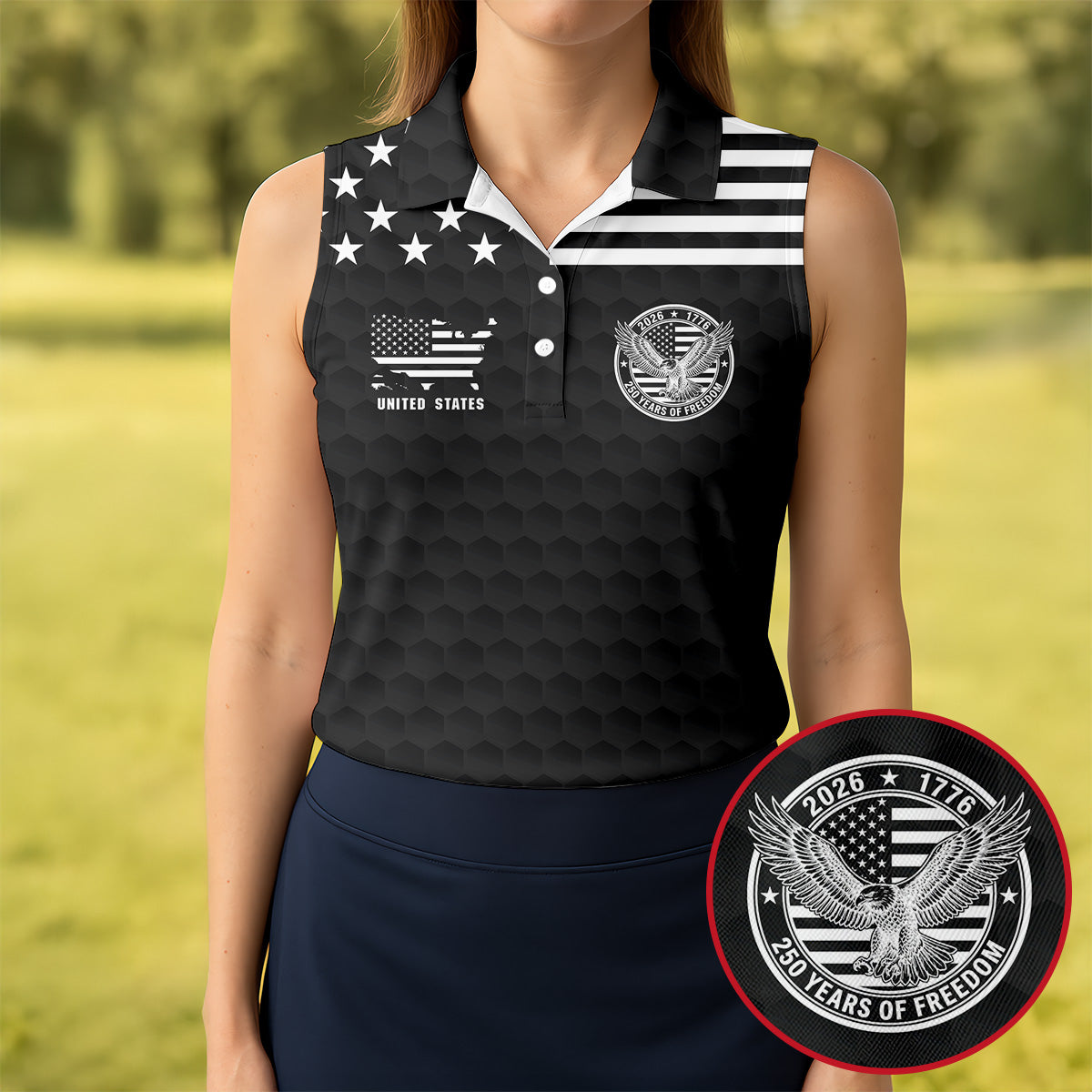 250 Years Of Freedom Golf Ball Pattern Black Golf Shirt, 4th Of July Patriotic Golf Shirt For Women
