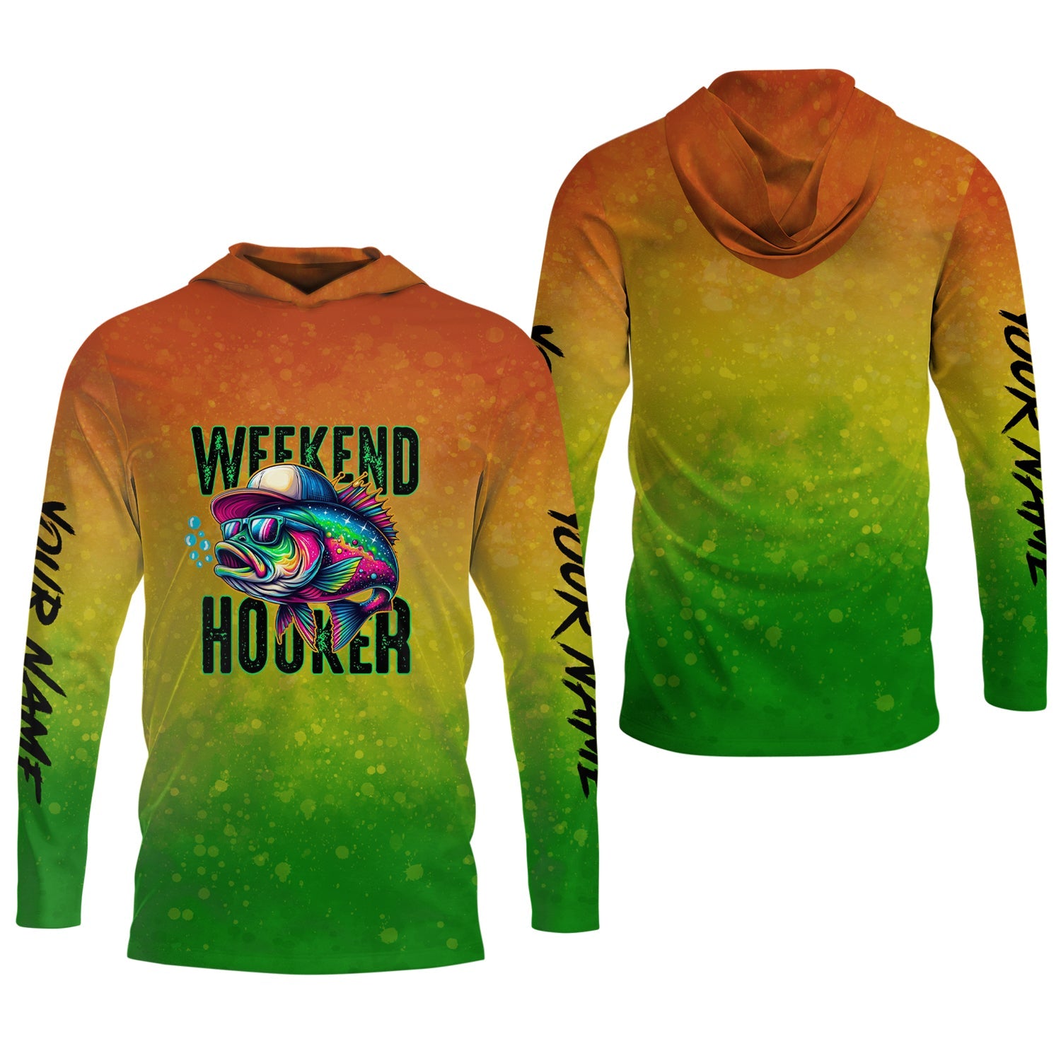 Weekend Hooker Green Yellow Orange Fishing UPF Shirts, Hooded Sun Shirt, Gift For Fisherman
