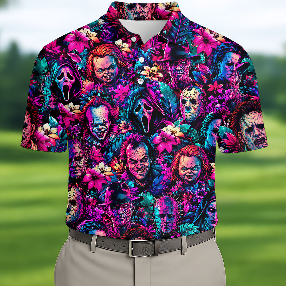 Neon Floral Horror Character Halloween Golf Shirt, Golf Shirts For Men, Mens Golf Apparel