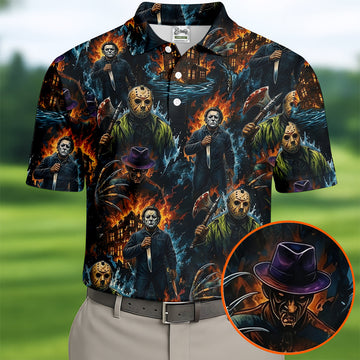 Horror Character Fire Collage Halloween Polo Shirt, Mens Golf Shirts, Mens Polo Shirts