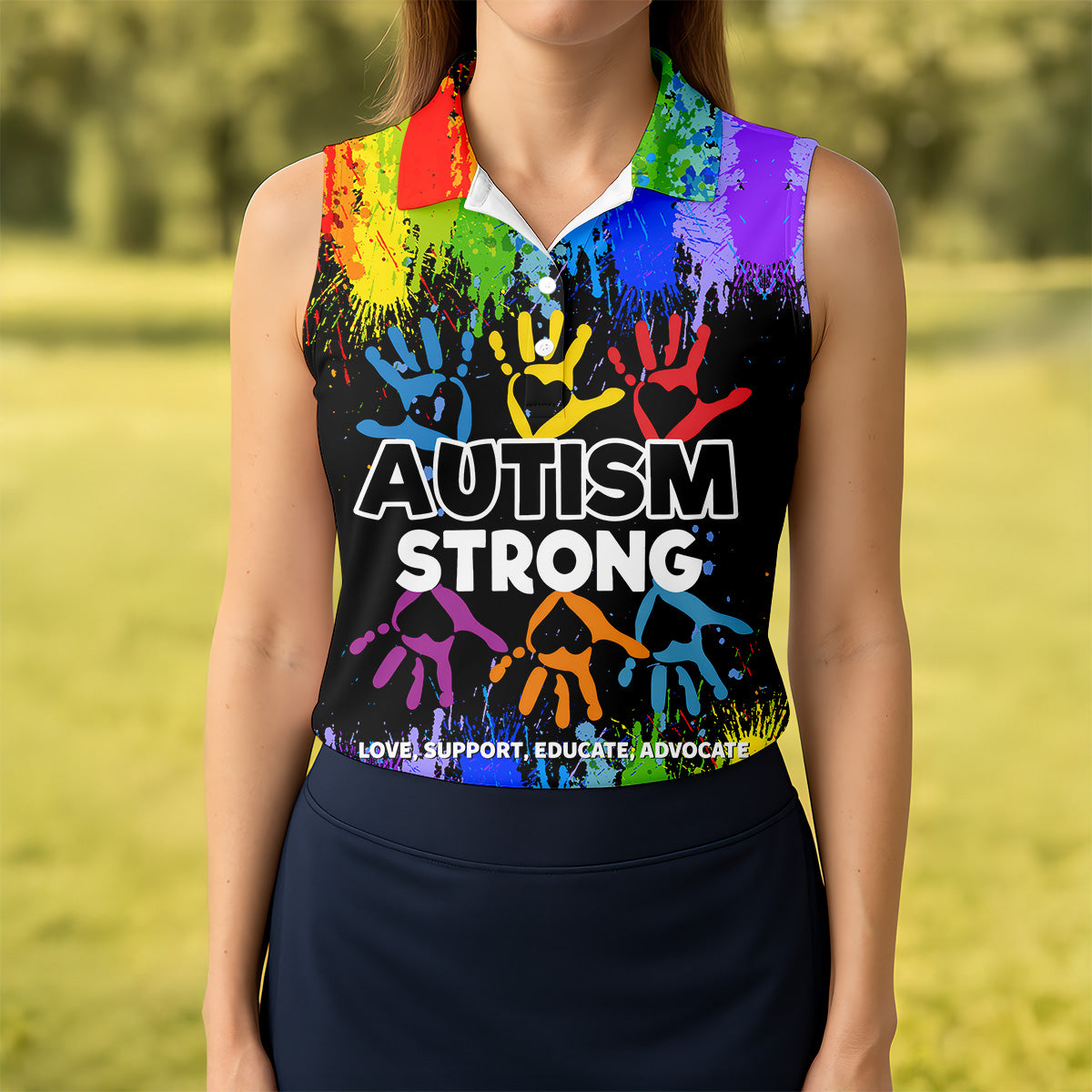 Autism Strong Rainbow Paint Splatter Women's Golf Tops, Autism Awareness Colors Ladies Golf Polos