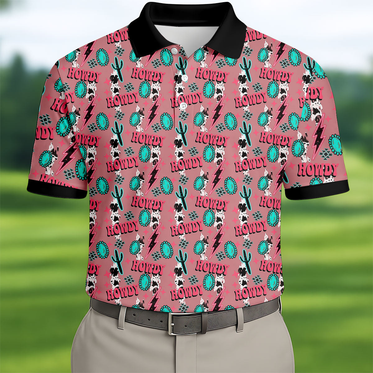 Howdy Pink Lightning Bolts Western Theme Golf Tops For Men, Polo ShirtFor Men, Golf Shirts For Men