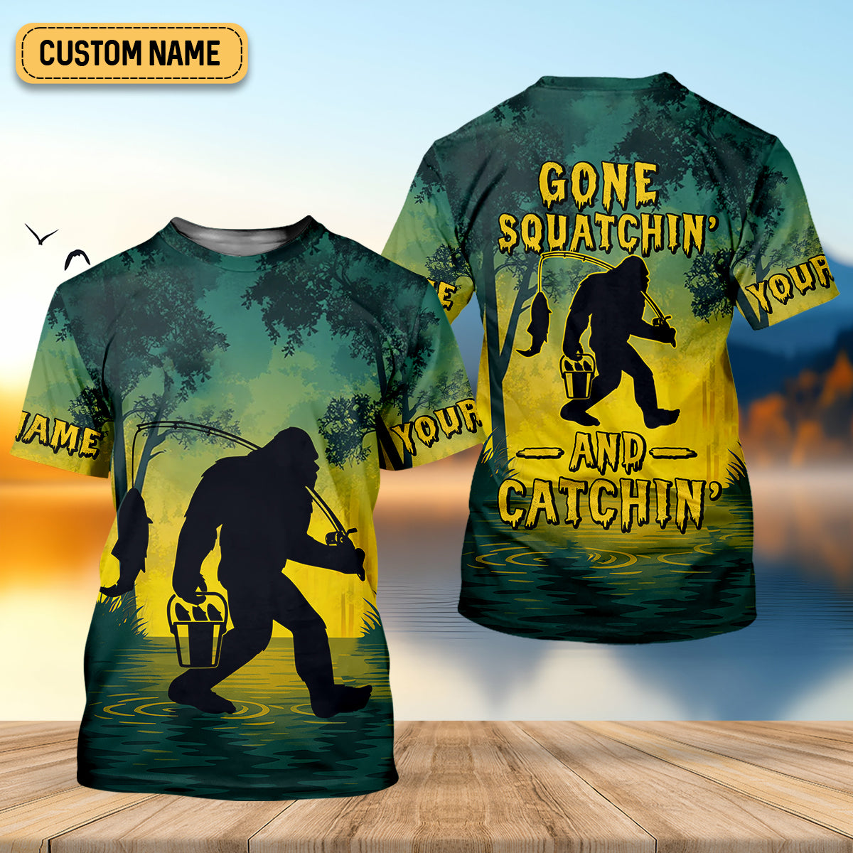 Gone Squatchin And Catching Yellow Forest Bigfoot Fishing UPF Shirts, Funny Fishing Shirt, Fishing Gifts For Men