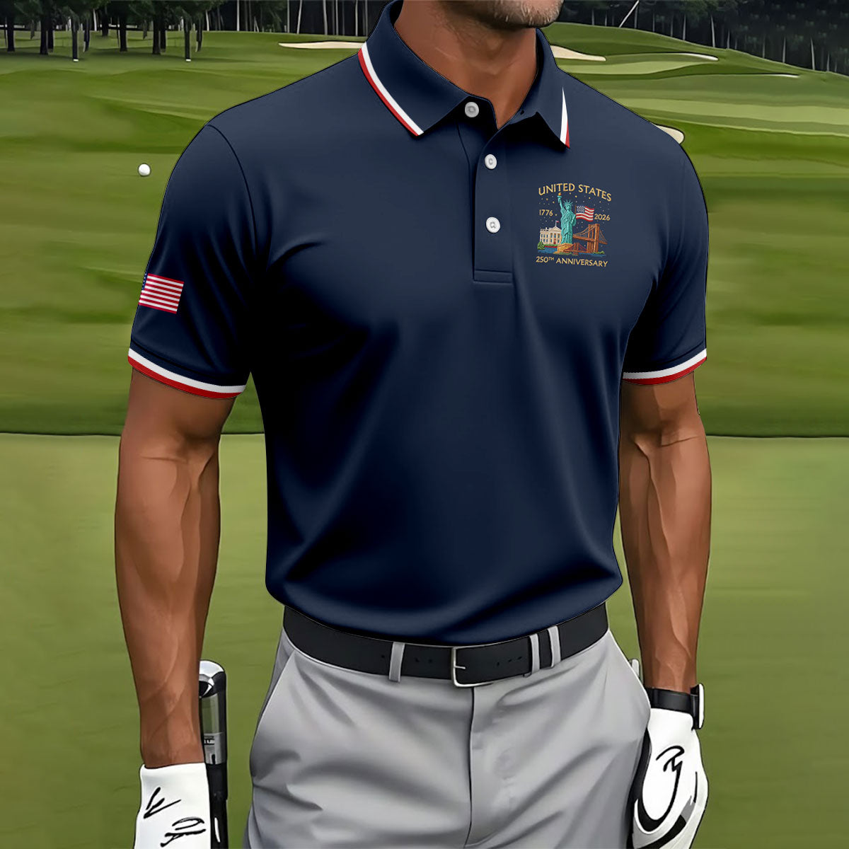 US 250th Anniversary Patriotic Golf Shirt, American Symbols 4th Of July Golf Shirts For Men
