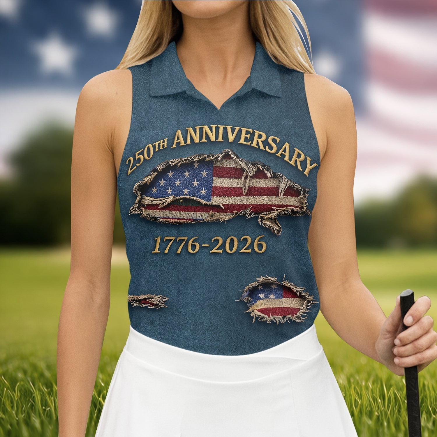 Patriotic American Flag 250th Anniversary Blue Denim Color Ripped Effect Women's Golf Tops, Ladies Golf Shirts