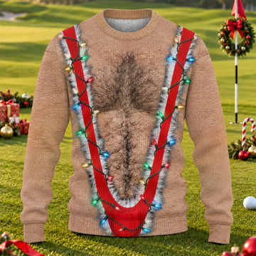 Hairy Chest Lights Print Sweater, Christmas Golf Shirt For Men, Ugly Christmas Sweater