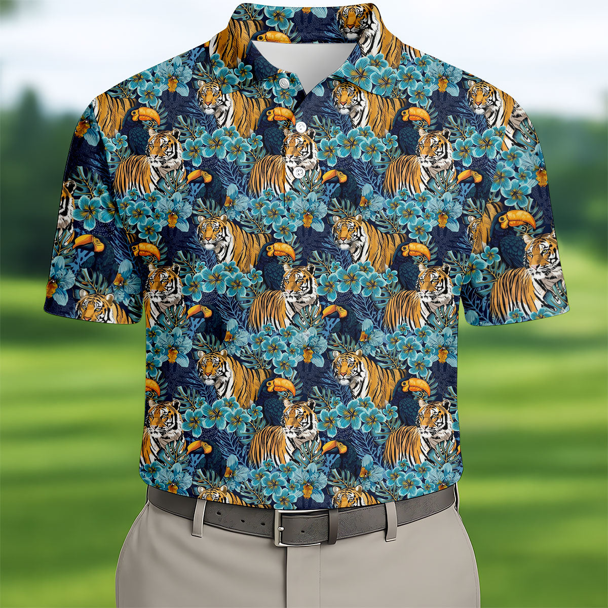 Tiger And Toucan Tropical Foliage Hawaiian Golf Shirt, Polo Shirts For Men, Golfing Apparel
