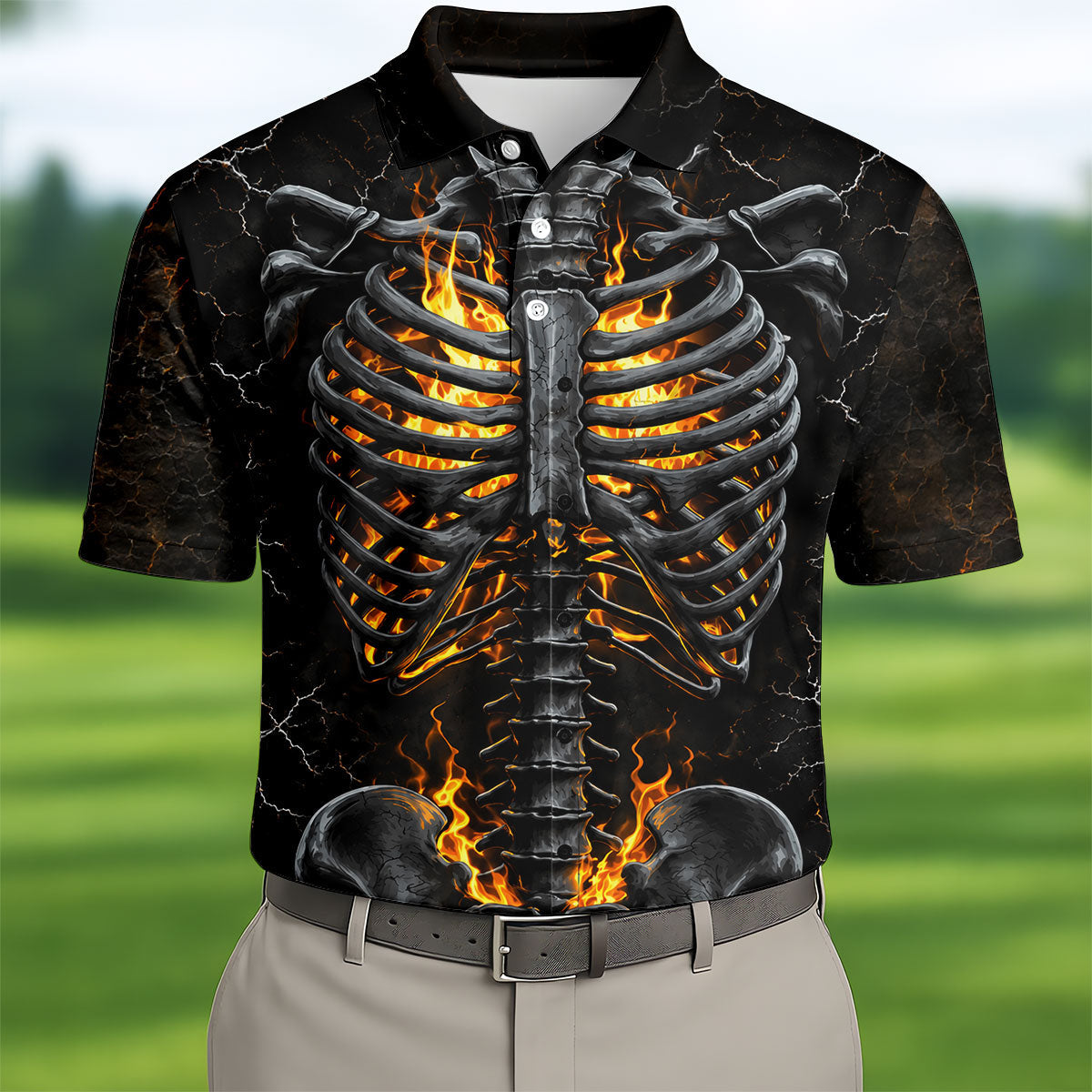 Burning Skeleton Rib Cage Halloween Polo Shirt, Mens Polo Shirts, Golf Apparel For Men