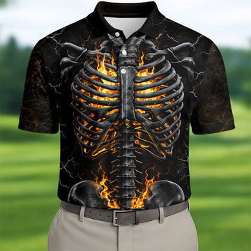 Burning Skeleton Rib Cage Halloween Polo Shirt, Mens Polo Shirts, Golf Apparel For Men