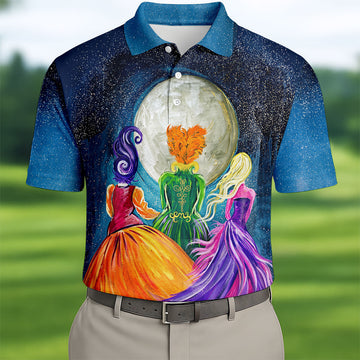 Moonlit Witch Sisters Halloween Polo Shirt, Golf Polo Shirts For Men, Mens Golf Apparel
