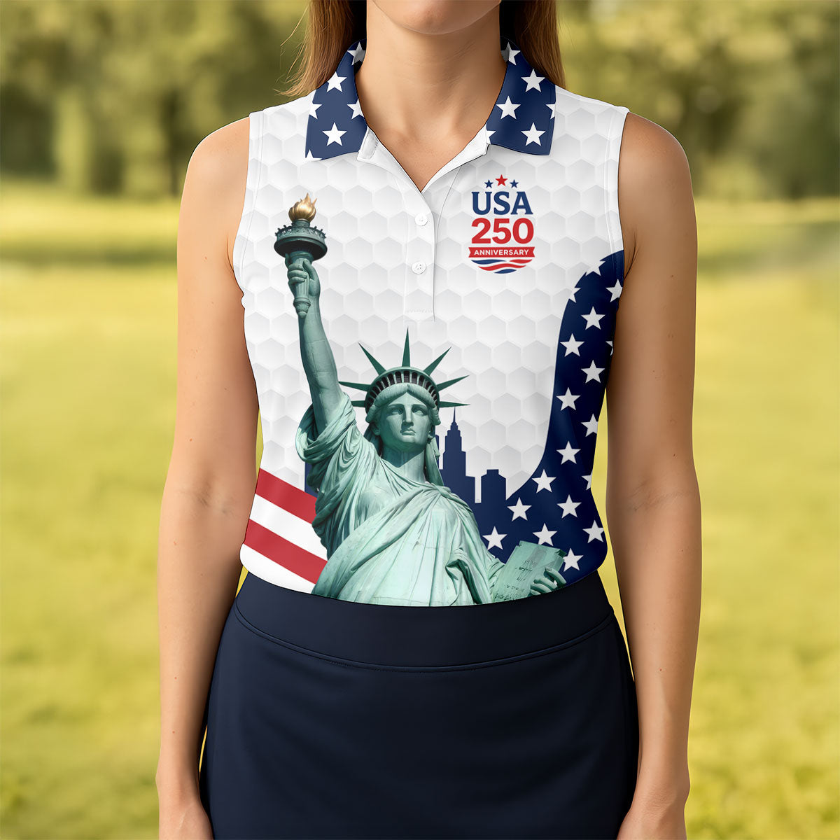 USA 250 Anniversary Statue Of Liberty White Golf Shirt, Patriotic Golf Shirt, 4th Of July Women's Golf Tops