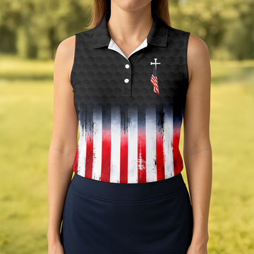 Faith Cross American Flag Patriotic Golf Ball Pattern 4th Of July Golf Shirt, 250th Anniversary Golf Shirt For Women