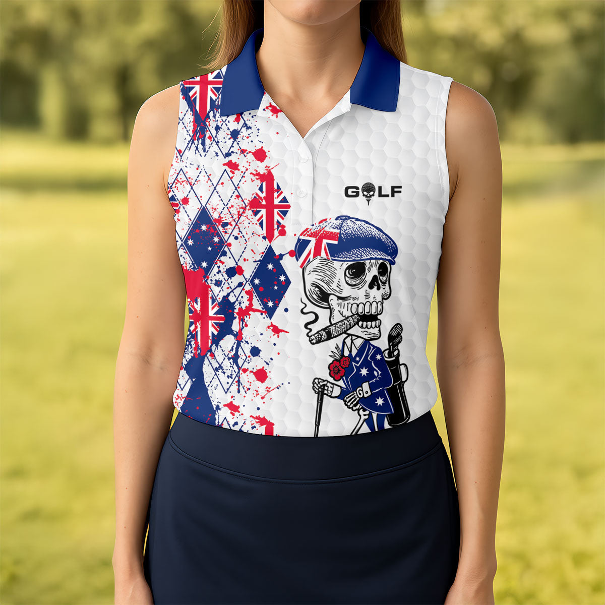 Swing Swear Look For Ball Repeat Australia Flag Print Skeleton Golfer Argyle Golf Shirt, Women's Golf Tops