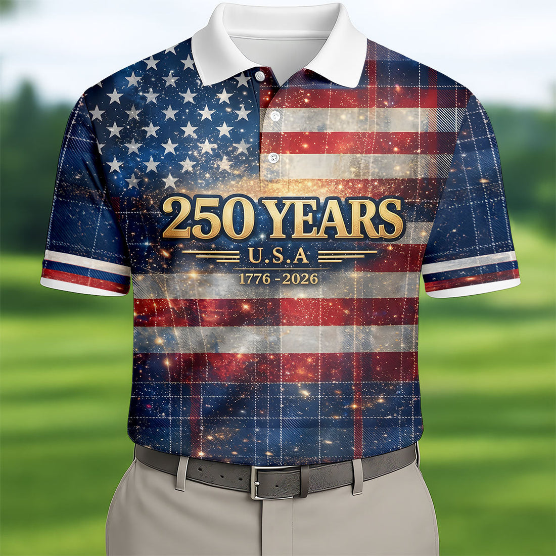 250 Years USA Galaxy Overlay Checkered Patriotic Golf Shirt, 4th Of July Golf Shirts For Men