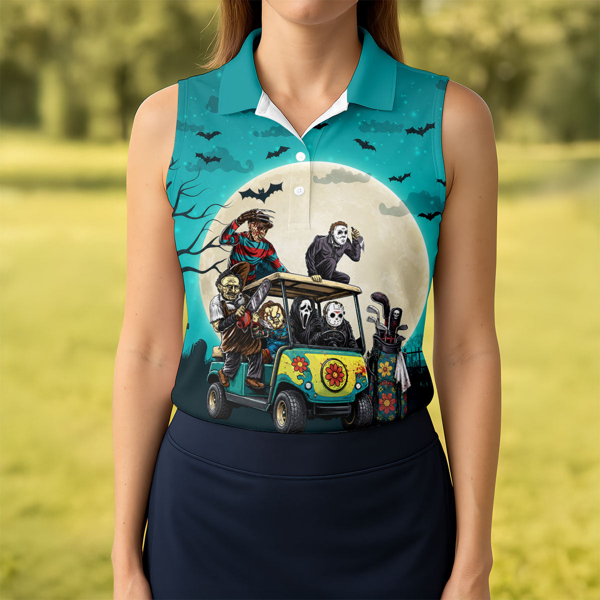 Horror Character Golf Cart Halloween Polo Shirt, Golf Shirts For Women, Halloween Shirt