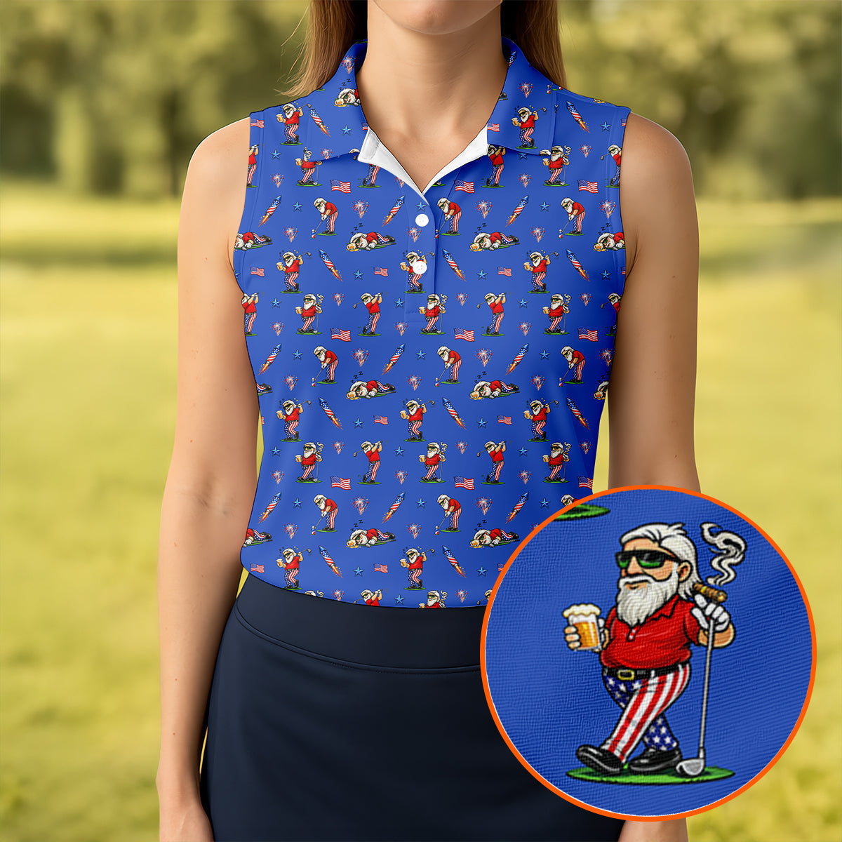 4th Of July Funny Man Golf And Beer Blue Golf Shirt, Patriotic Golf Shirt, 250th Anniversary Women's Golf Tops