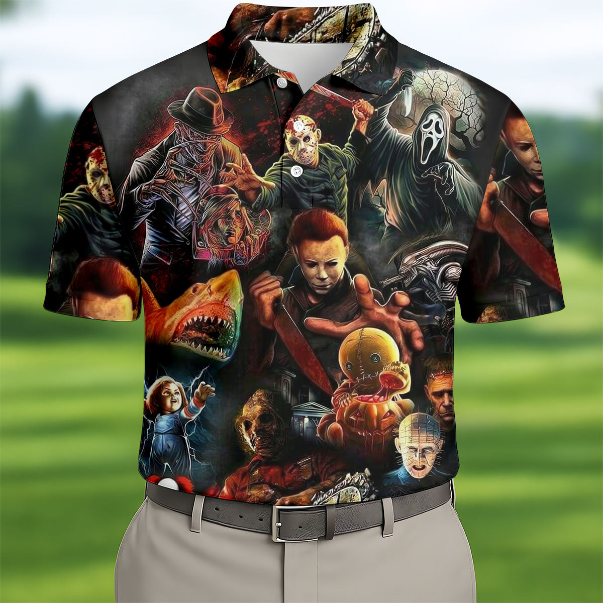 Halloween Horror Character Collage Golf Shirt, Men's Golf Shirt, Hawaiian Golf Shirt