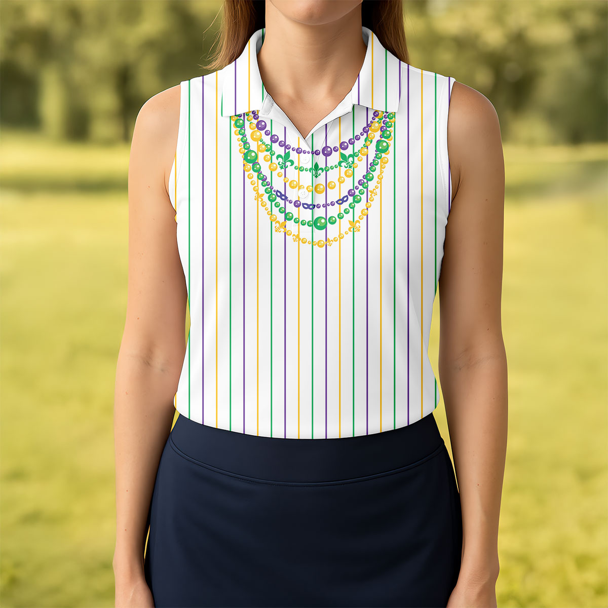 Mardi Gras Beads Necklaces Print White Golf Shirt, Women's Golf Shirts, Ladies Golf Polos, Golf Shirt For Women