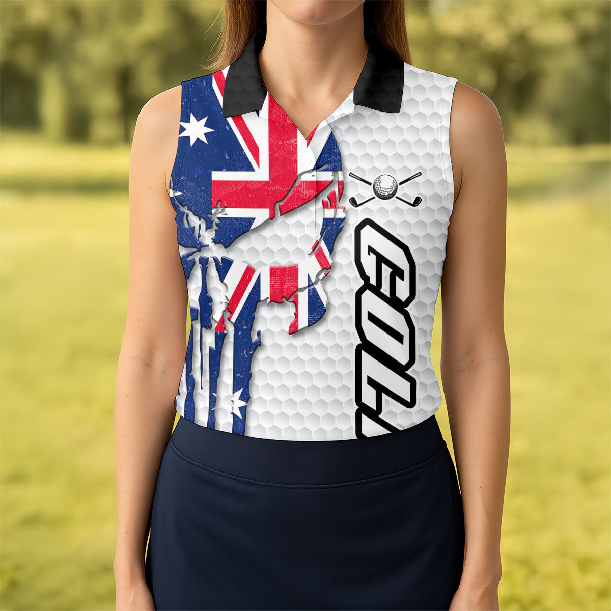 Cool Skull Golf Ball Pattern Australia Flag Print White Golf Shirt, Golf Shirt For Women