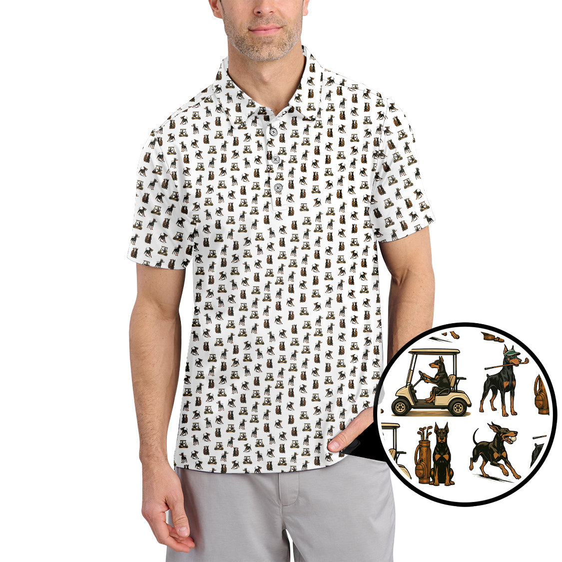 Doberman Pattern Golf Polos, Dog Golf Shirt For Golfers, Crazy Golf Shirts