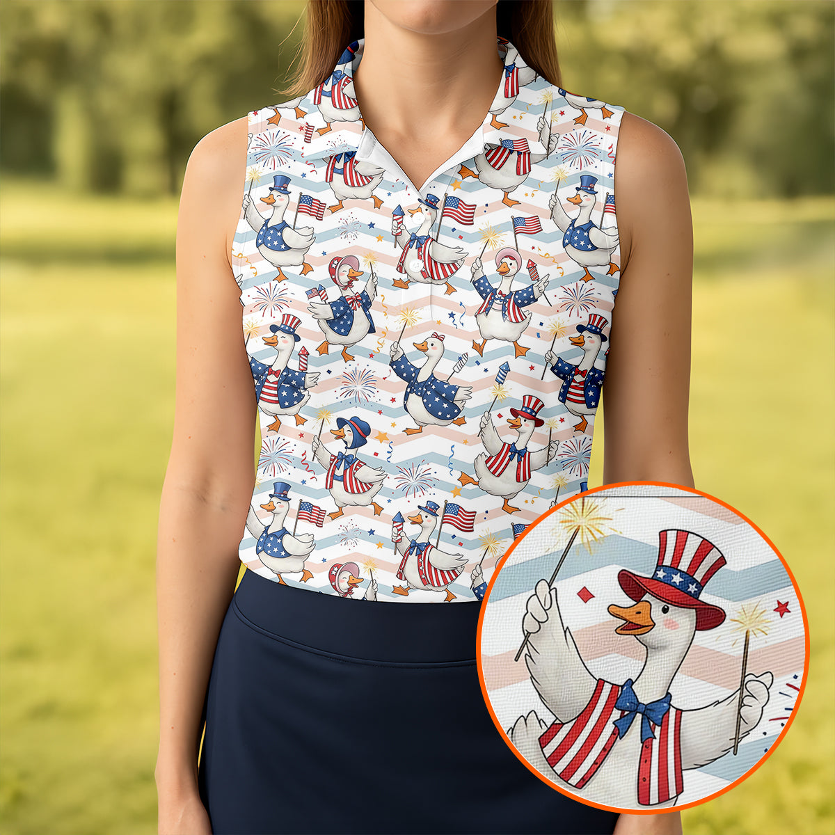 Patriotic Duck USA Flag Fireworks Polo Shirt, Womens Golf Polo, Golf Shirts For Women