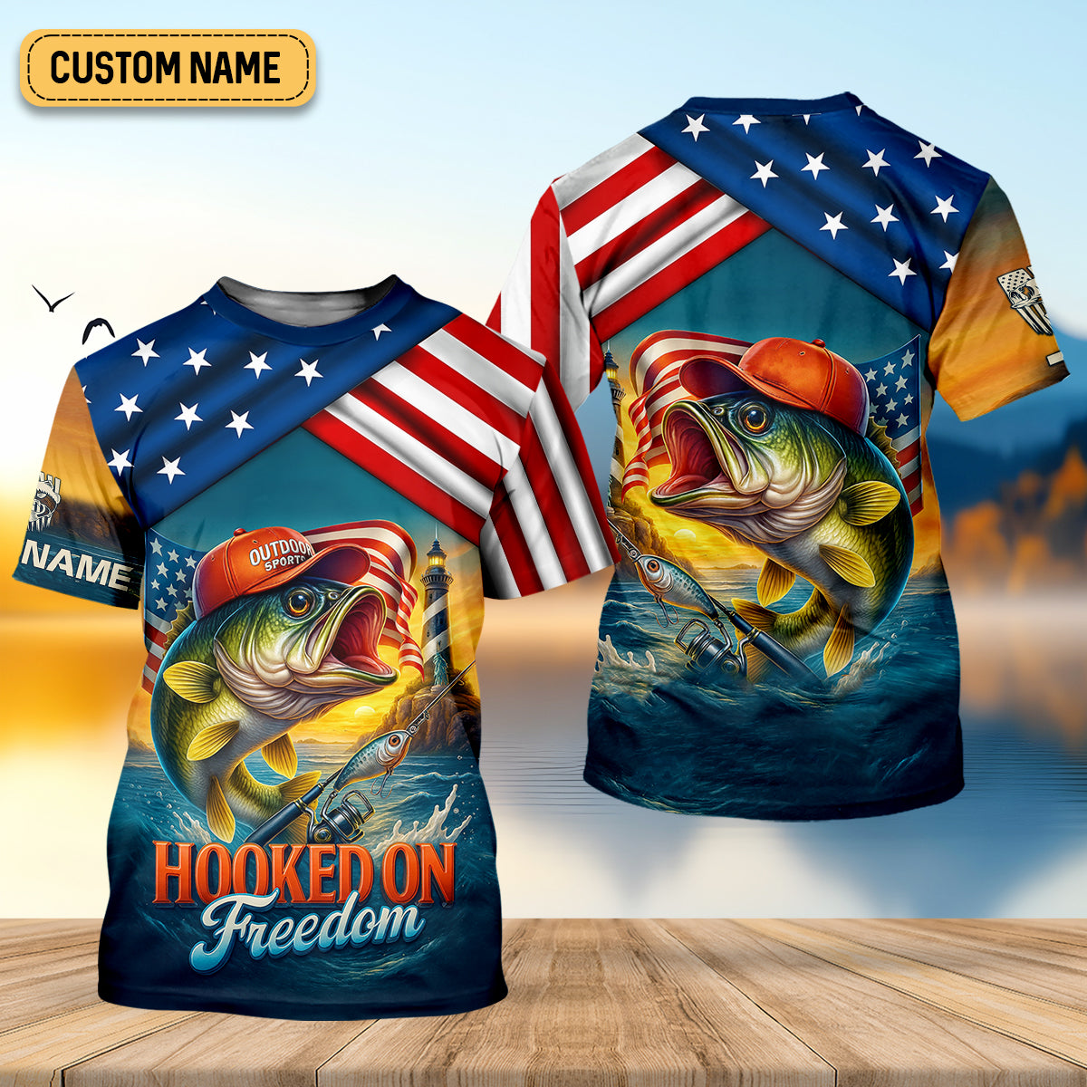 Hooked On Freedom Patriotic Fishing Shirt, Largemouth Bass Fishing SPF Shirt For Men, Men's Fishing Shirt