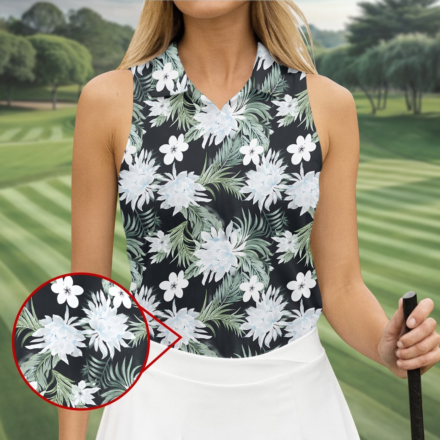 White Flower Tropical Hawaiian Vibe Women's Golf Shirts, Women's Golf Tops, Ladies Golf Shirts