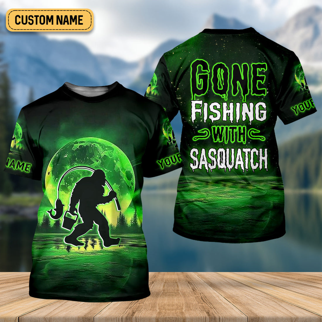 Gone Fishing With Sasquatch Neon Green Color Funny Fishing Shirt, SPF Shirt For Men, Presents For Fishermen