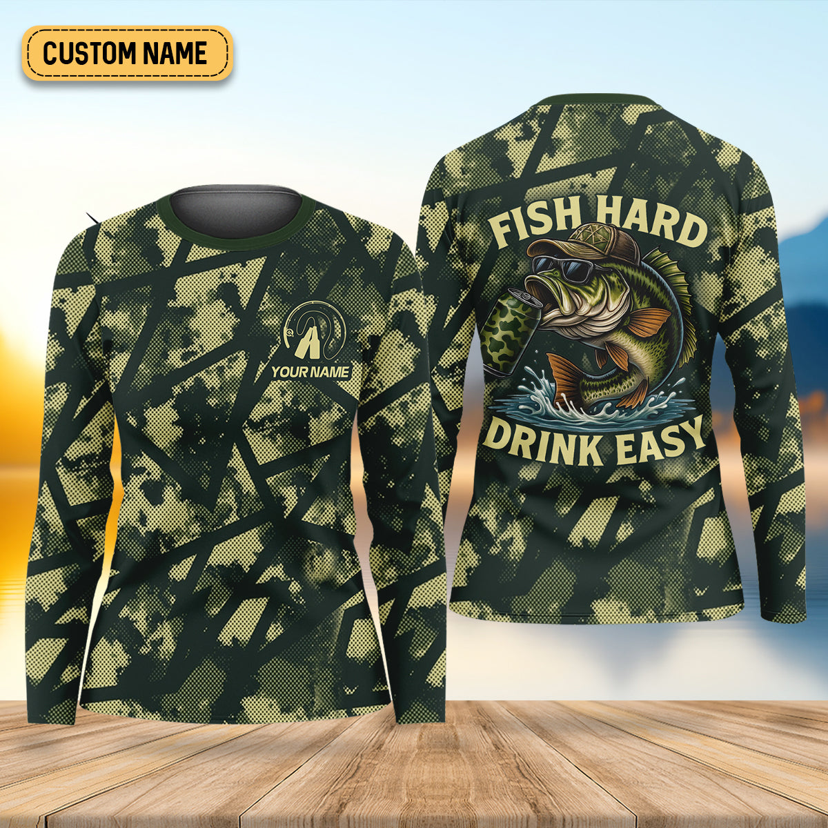Fish Hard Drink Easy Green Camo Funny Fishing Shirt, Women SPF Shirt, Largemouth Bass Female Fishing Shirts