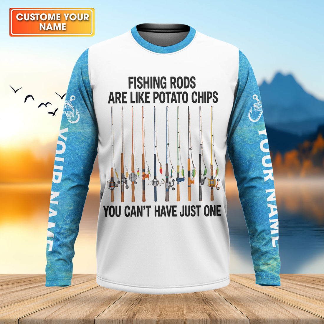 Fishing Rods Are Like Potato Chips Blue And White Funny Fishing Shirt, Fishing UPF Shirts, Fishing Shirts For Men