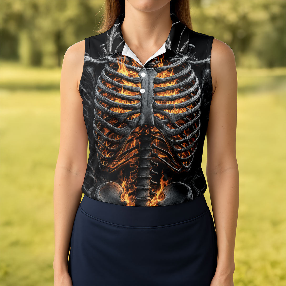 Halloween Fire Skeleton Horror Character Polo Shirt, Ladies Golf Shirts, Womens Golf Tops