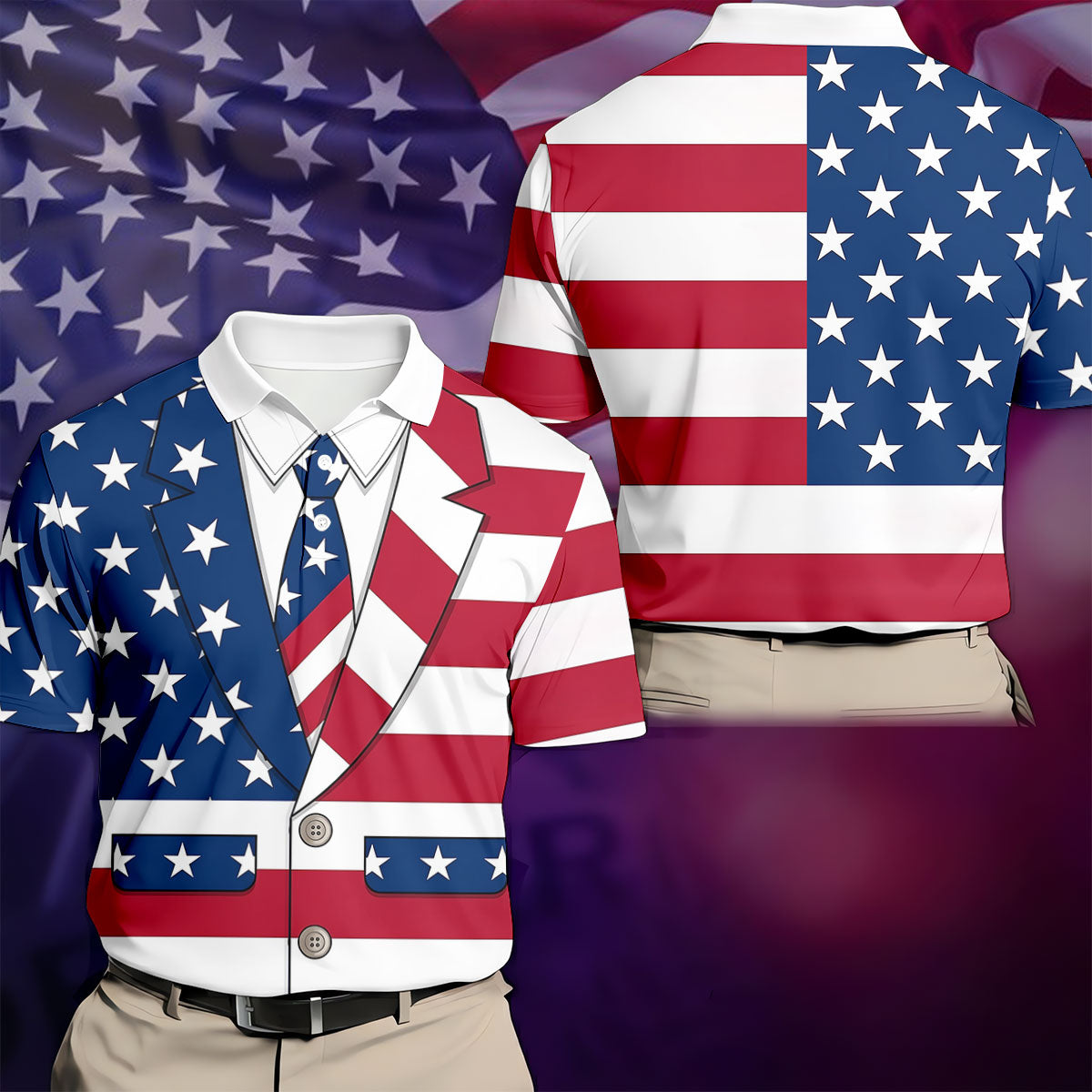 US Flag Tuxedo Costume Patriotic 4th Of July Golf Shirt, 250 Years Polo Shirts For Men