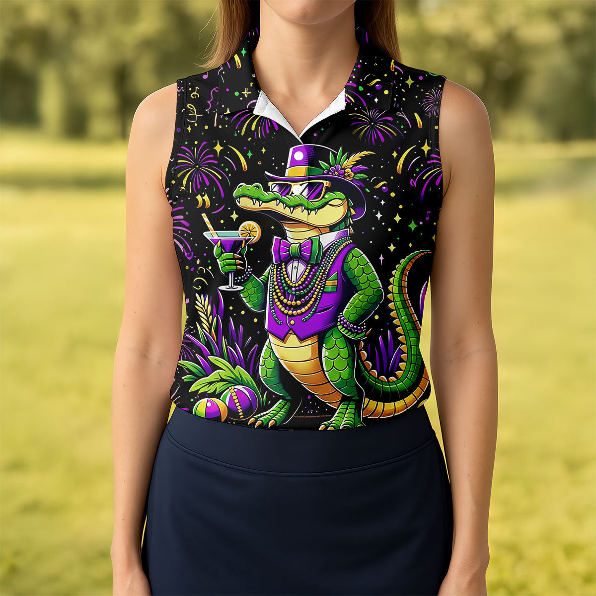 Mardi Gras Aligator Purple Green Gold Confetti Star Women's Golf Shirts, Women's Golf Tops, Ladies Golf Shirts
